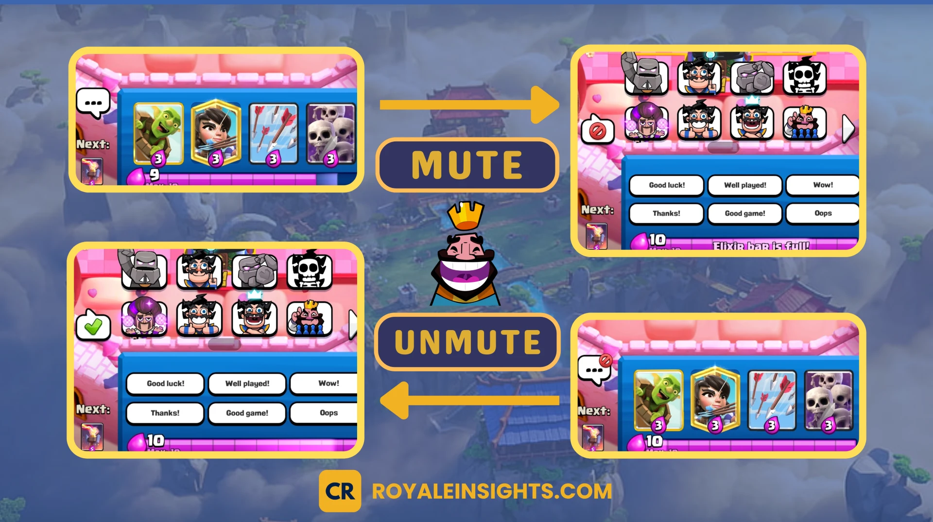 Pictorial guide to mute/unmute emotes in Clash Royale